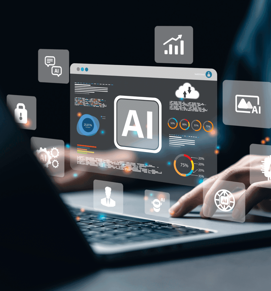 Interfejs użytkownika z ikoną AI na ekranie laptopa, otoczony ikonami analizy danych i automatyzacji, symbolizujący sztuczną inteligencję w e-commerce.