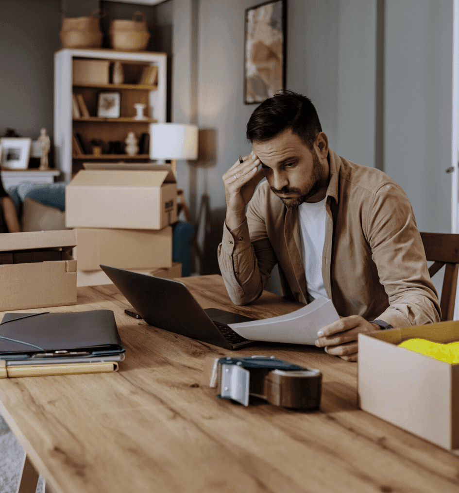 Przedsiębiorca w domowym biurze analizujący dokumenty i strategię marki dla swojego sklepu internetowego, otoczony pudełkami do wysyłki.