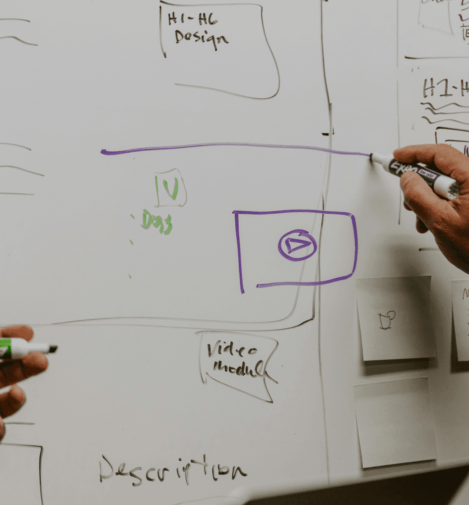 Ręce rysujące strategię marketingową na tablicy, zawierającą kluczowe elementy sprzedaży, treści wideo i optymalizacji SEO.